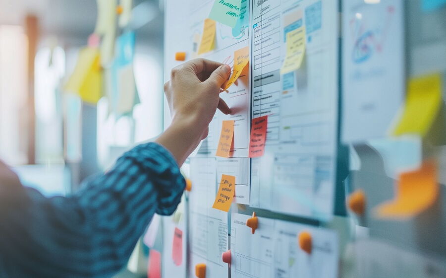 Manager nutzen agile Methoden und Kanban-Boards, um Daten zu analysieren und Geschäftsstrategien im Büro zu entwickeln